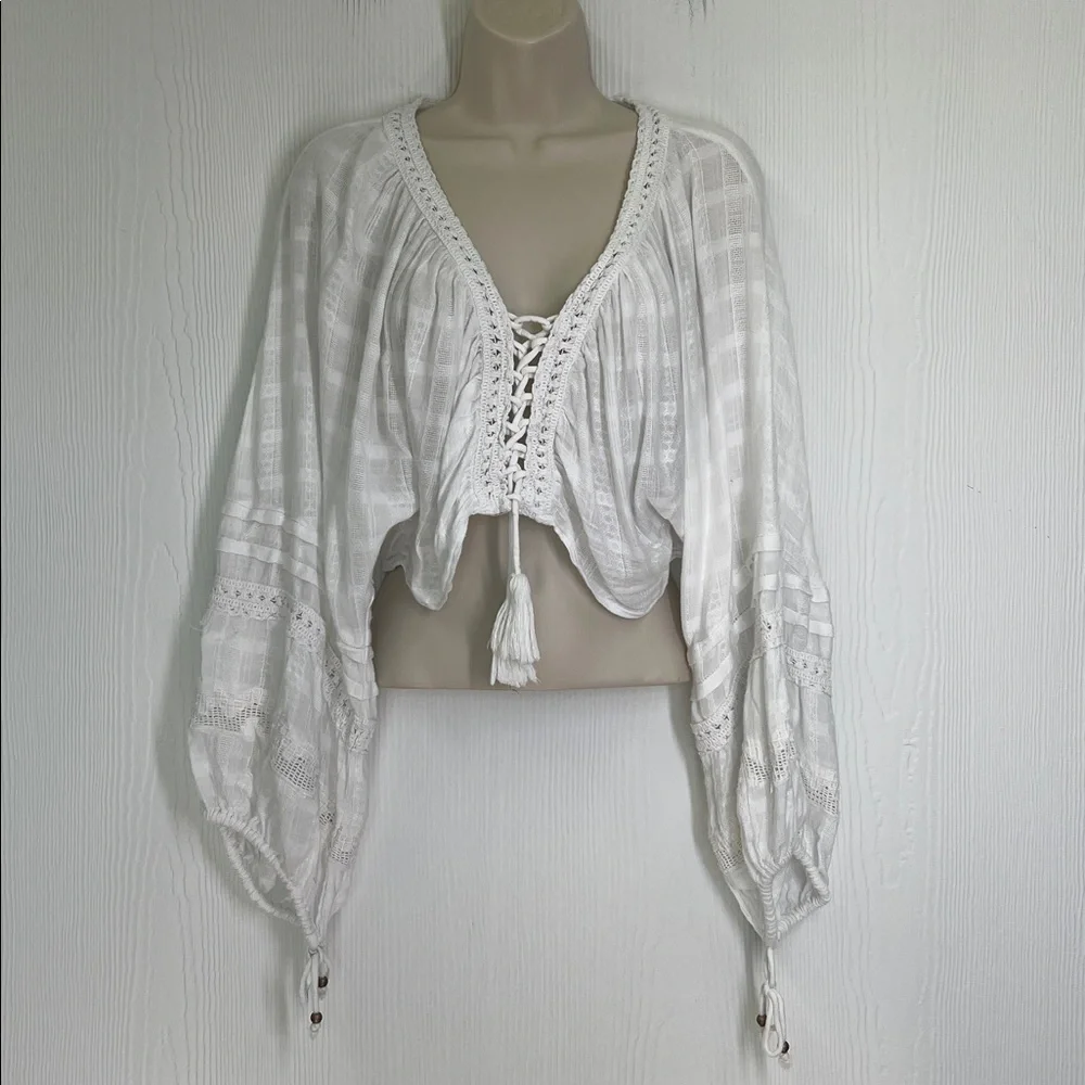 Free People - Paloma Ivory Lace Up Long Sleeve Lightweight Crop Blouse Size XS